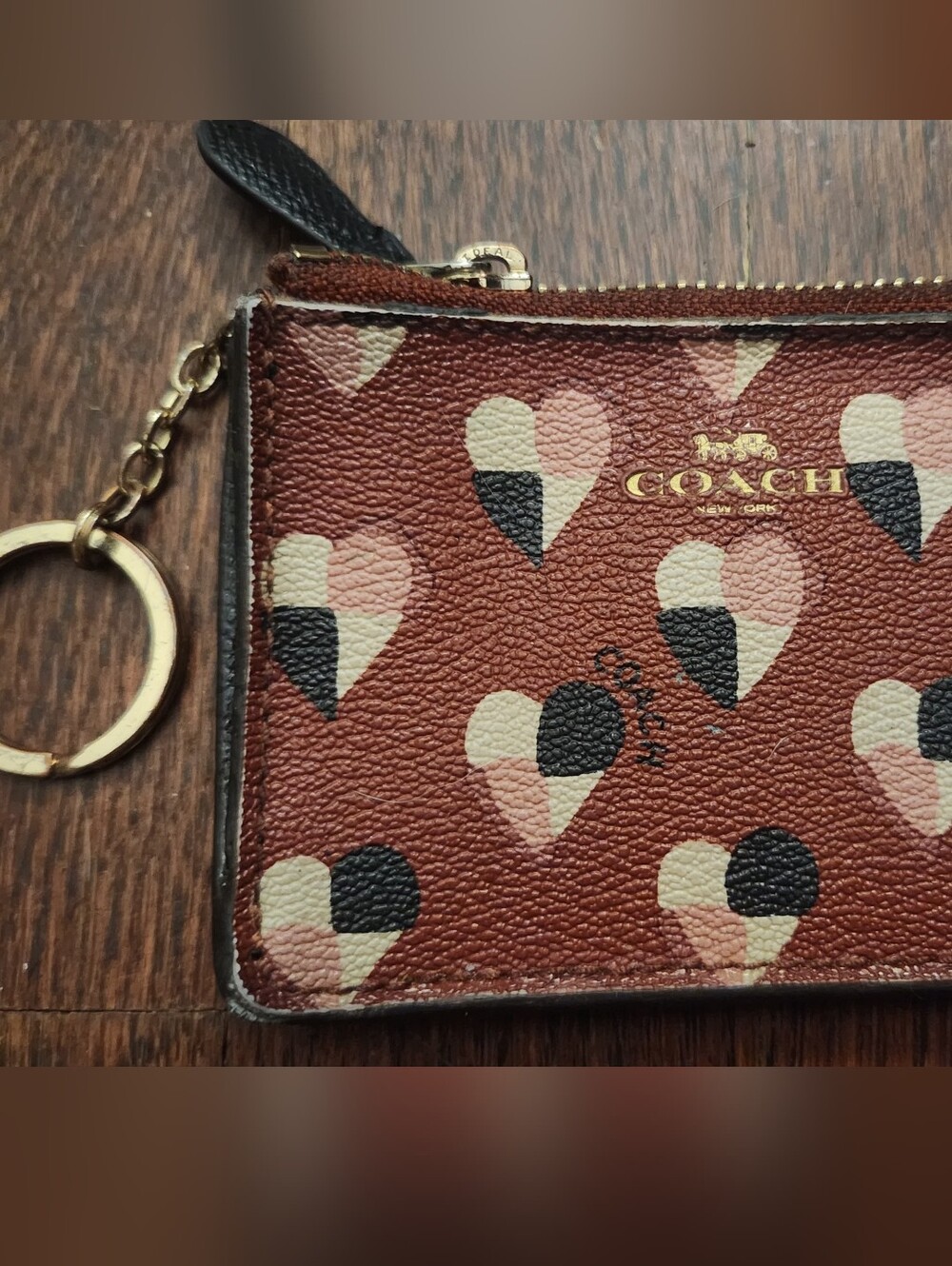 Coach Vintage Red Heart Print Zip Card Case Keyring